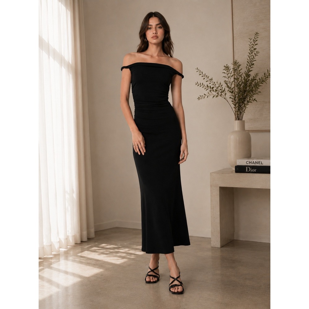 Commense Glamorous Black Off Shoulder Ruched Maxi Dress Elegant Size‎ XS